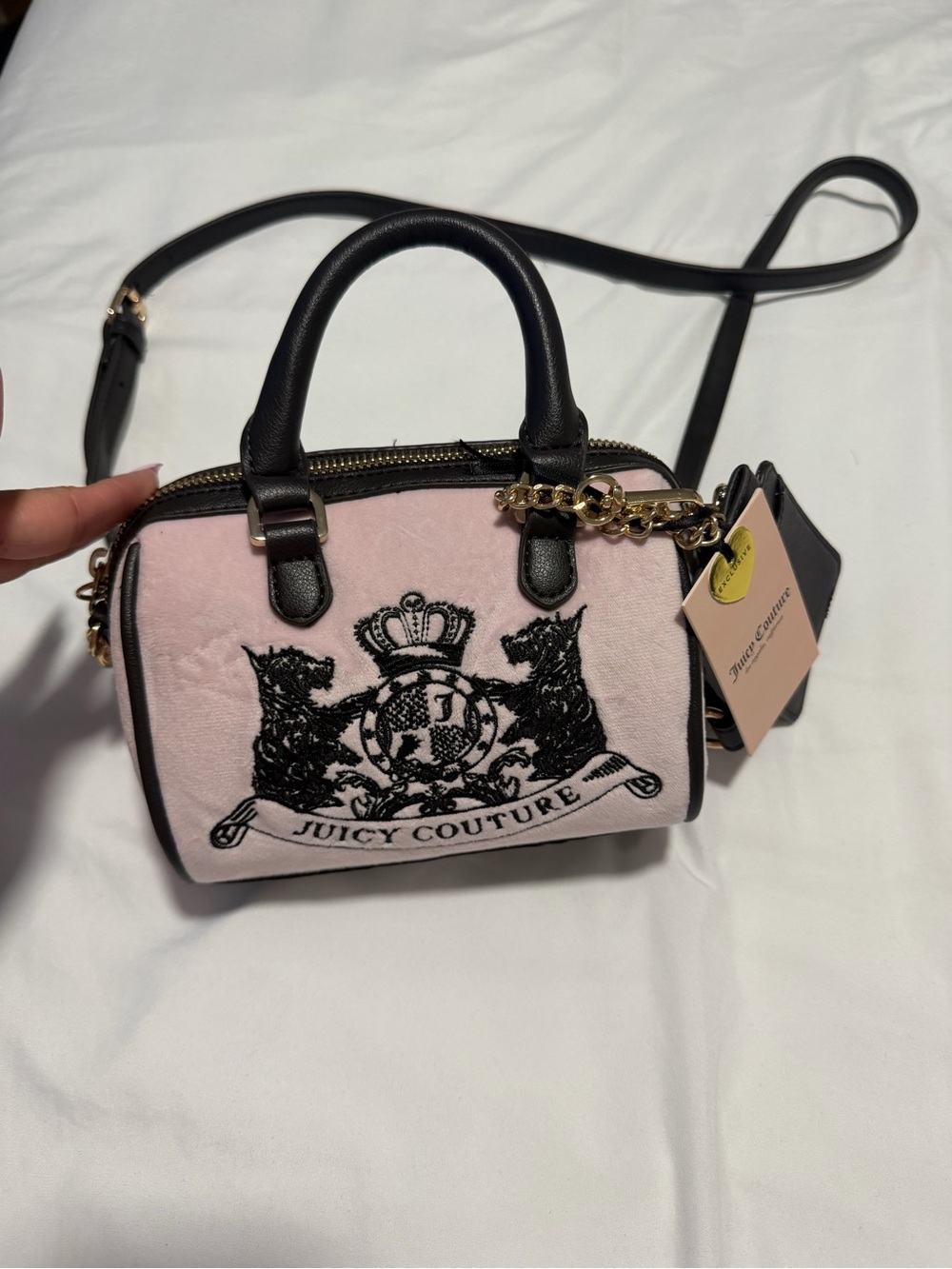 Juicy Couture Pink Velvet Mini Satchel with Brown Trim and Gold Chain